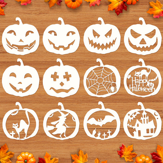 Mocoosy 12 PCS Halloween Stencils, 8 Inch Pumpkin Face Stencils for Carving, Reusable Plastic Large Halloween Templates for Painting on Wood DIY Pumpkin Crafts Wall Fabrics Window Hallowmas Art Decor
