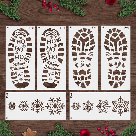 Christmas Stencils for Painting Santa Footprints for Floor, Santa Claus Boot Prints and Snowflake Stencils Template, Reusable Plastic Elf Foot Print Stencil Holiday Xmas Decorations DIY Craft