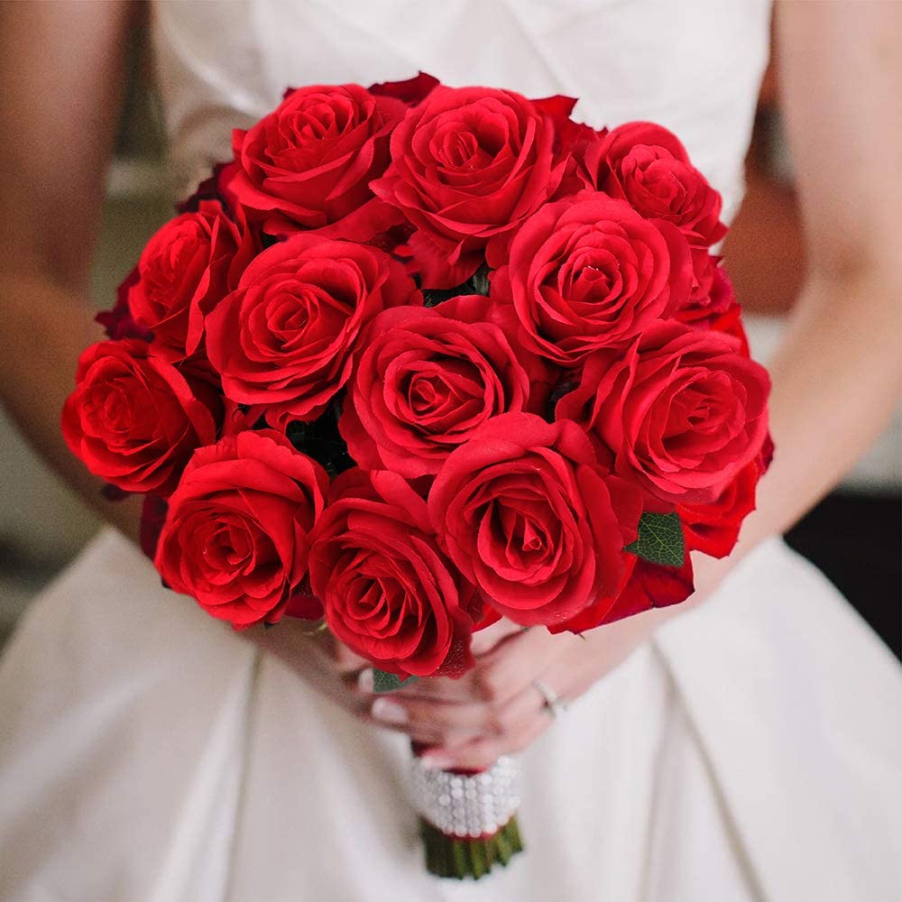 Mocoosy 12PCS Red Roses Artificial Flowers, Fake Roses with Long Stems Realistic Silk Rose Bouquets for Wedding Decorations Bridal Shower Faux Floral Arrangements Spring Party Home Table Decor