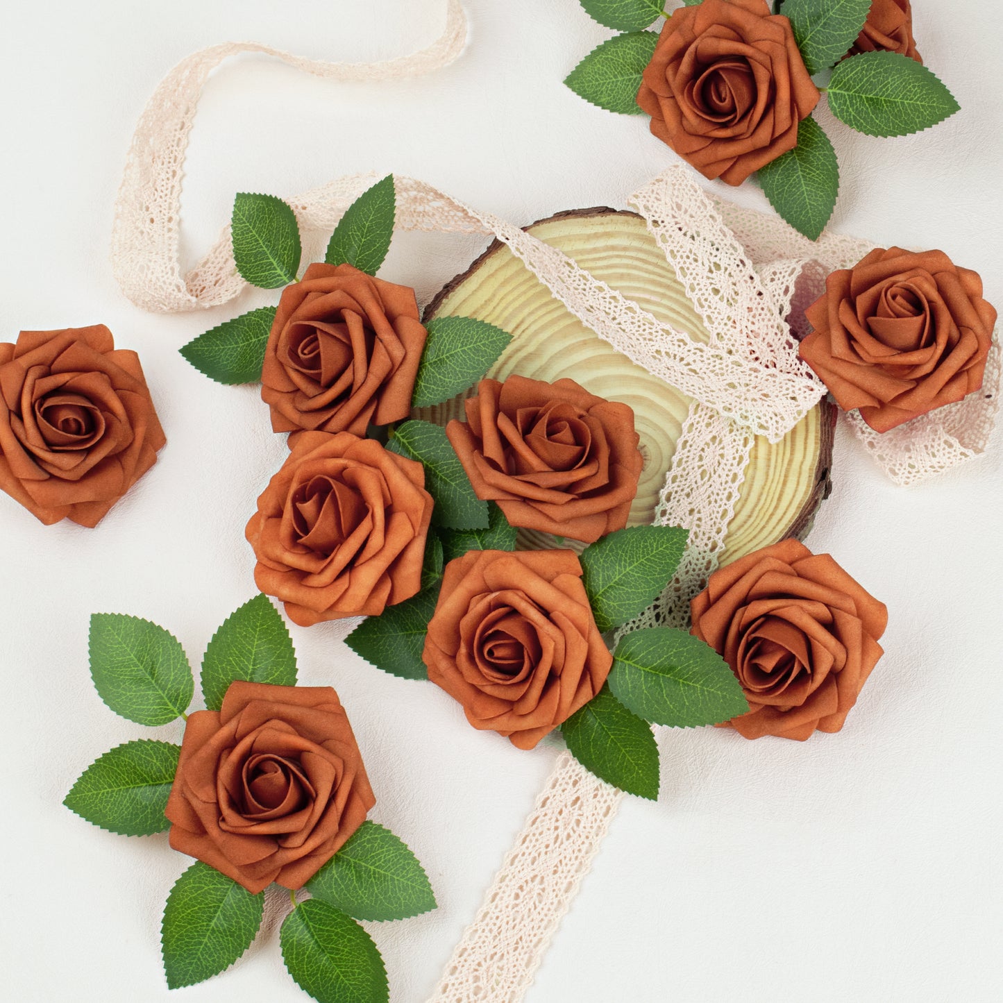 Mocoosy 50Pcs Burnt Orange Artificial Rose Flowers, Terracotta Fake Roses for Decorations, Real Touch Rust Foam Rose Bulk with Stem Floral Arrangements Wedding Bouquets Bridal Shower Party Home Decor