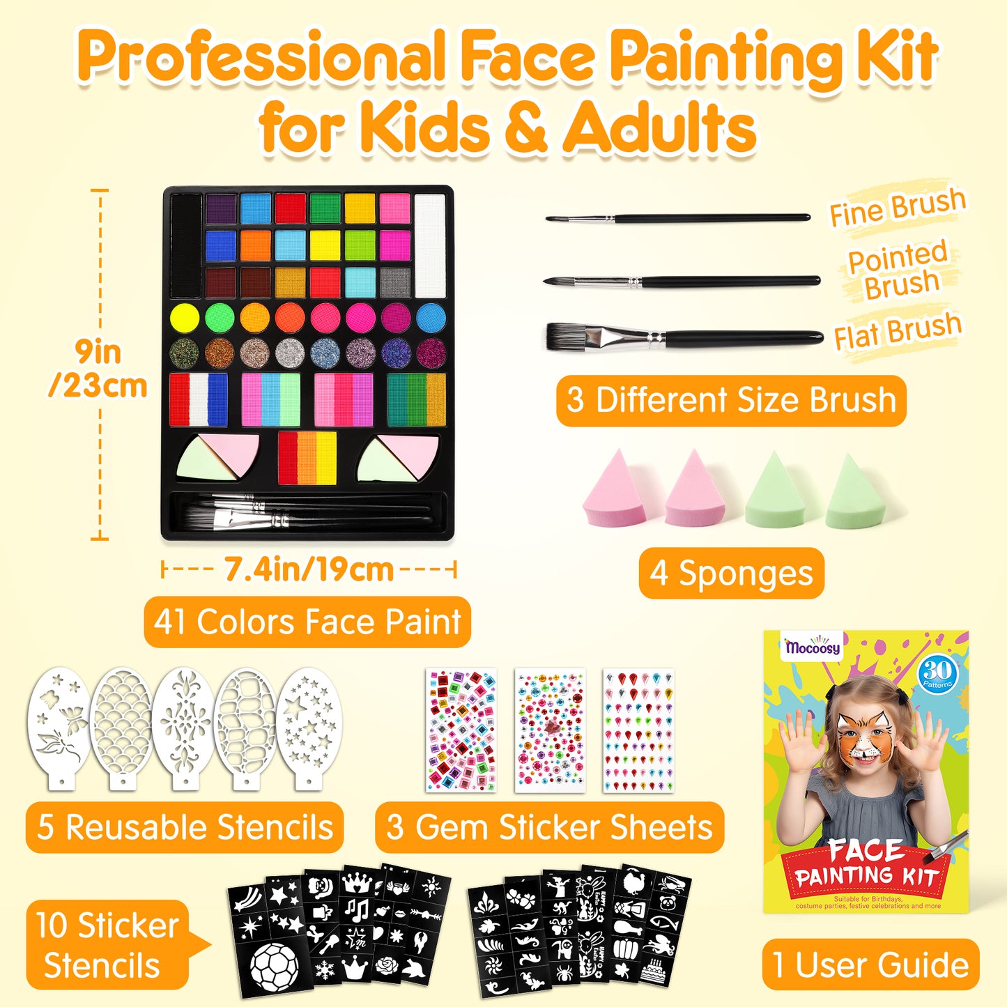 Mocoosy 41 Color Face Painting Kit for Kids, Non-Toxic Water Activated Face Paint Palette With Stencils, Brushes, Gems, Professional Body Makeup Kit for Cosplay Parties, Birthdays Carnival Christmas