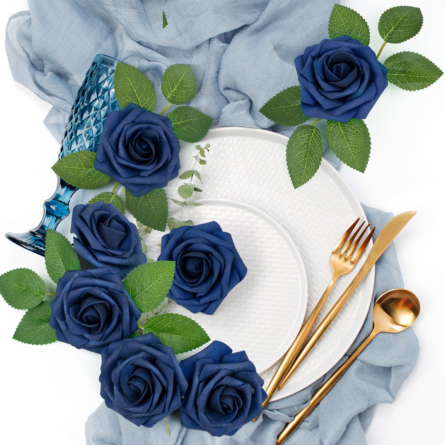 Mocoosy 50Pcs Roses Artificial Flowers, Navy Blue Fake Roses for Decorations, Real Touch Foam Rose Bulk with Stems DIY Wedding Bouquets Bridal Shower Centerpieces Floral Arrangements Party Home Decor