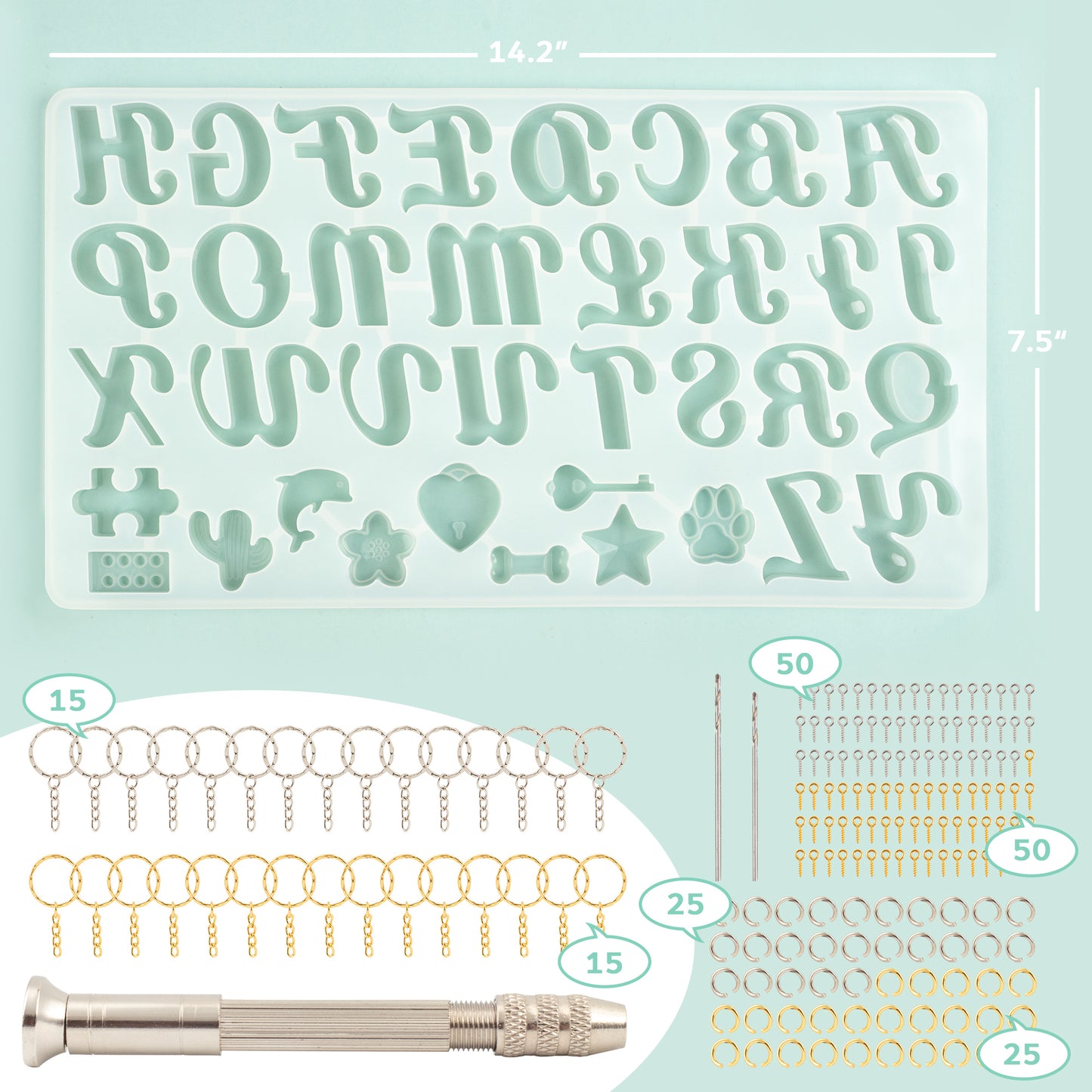 Mocoosy 182Pcs Fancy Alphabet Resin Molds Silicone Kit, Reversed Letter Keychain Epoxy Resin Casting Molds, Resin Key Chain Making Set with 1 Hand Drill 2 Drill Bits 30 Key Rings 100 Screw Pins