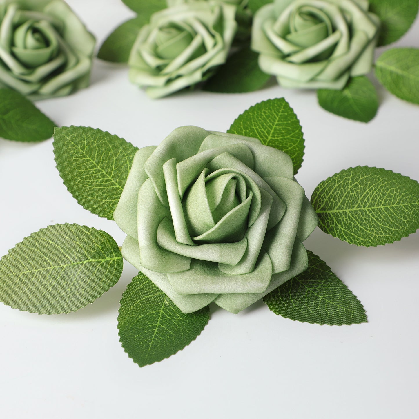 Mocoosy 50Pcs Rose Artificial Flowers, Sage Green Fake Roses for Decorations, Real Touch Foam Roses Bulk with Stems DIY Wedding Bouquets Elf Green Floral Arrangements Bridal Shower Party Home Decor