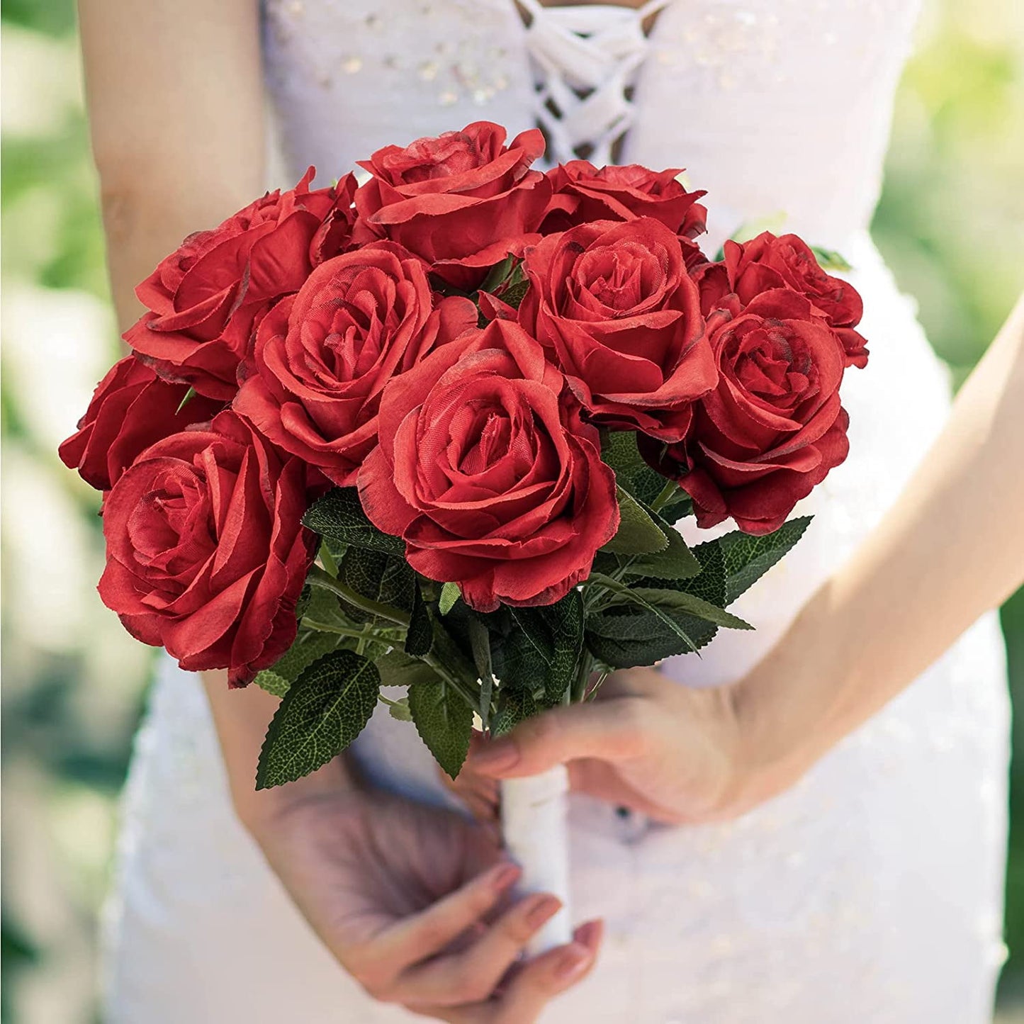 Mocoosy 12PCS Artificial Roses Fake Flowers for Decoration, Dark Red Roses Single Stem Artificial Flowers Silk Roses Flowers Bouquet for Wedding Flower Arrangment Centerpiece Party Home Table Decor