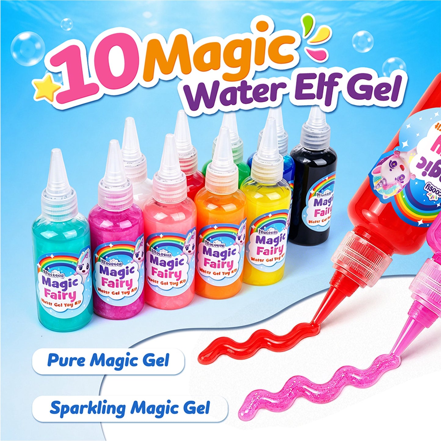 Mocoosy Magic Water Elf Toy Kit for Kids, 10pcs Aqua Fairy Water Gel Kit with 10 Color Aqua Gel & 8 Squishy Maker Molds, Create Water Pets & Squishy Toys, DIY Crafts STEM Gift for Boys Girl