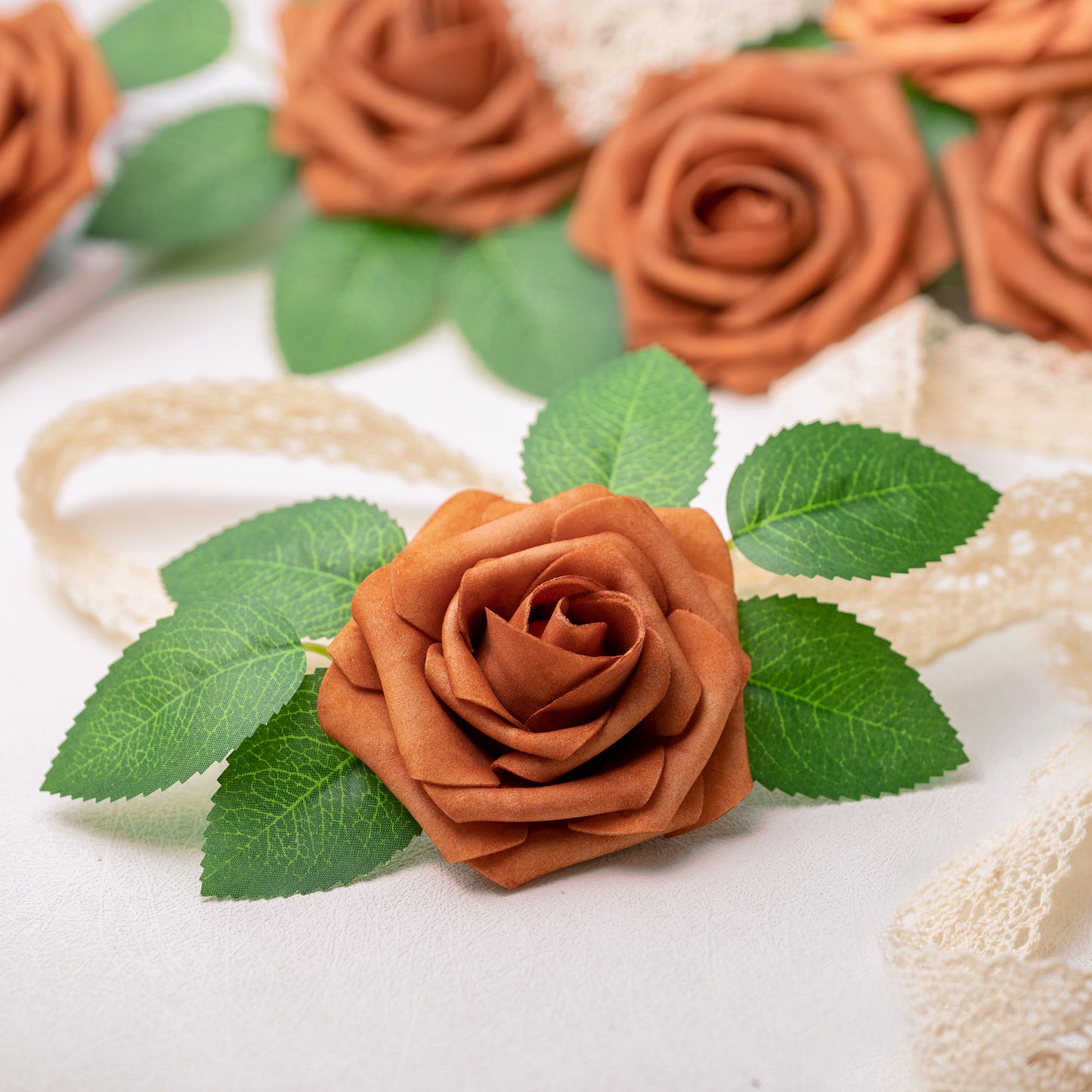 Mocoosy 50Pcs Burnt Orange Artificial Rose Flowers, Terracotta Fake Roses for Decorations, Real Touch Rust Foam Rose Bulk with Stem Floral Arrangements Wedding Bouquets Bridal Shower Party Home Decor