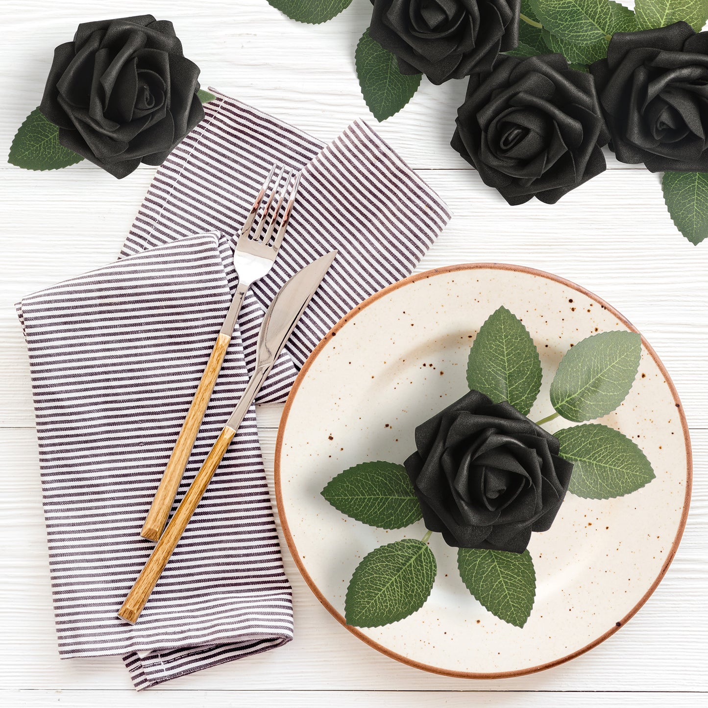 Mocoosy 50Pcs Black Roses Artificial Flowers, Fake Roses for Decorations, Real Touch Foam Rose Bulk with Stem Gothic Wedding Bouquet DIY Floral Arrangements Bridal Shower Valentine's Party Table Decor