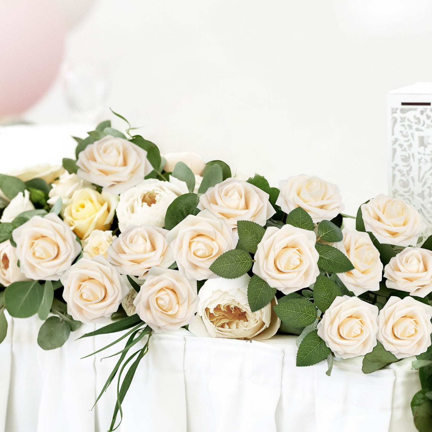 Mocoosy 50Pcs Rose Artificial Flowers, Cream White Fake Roses for Decorations, Real Touch Beige Foam Rose Bulk with Stems DIY Wedding Bouquets Floral Arrangements Bridal Shower Party Home Table Decor