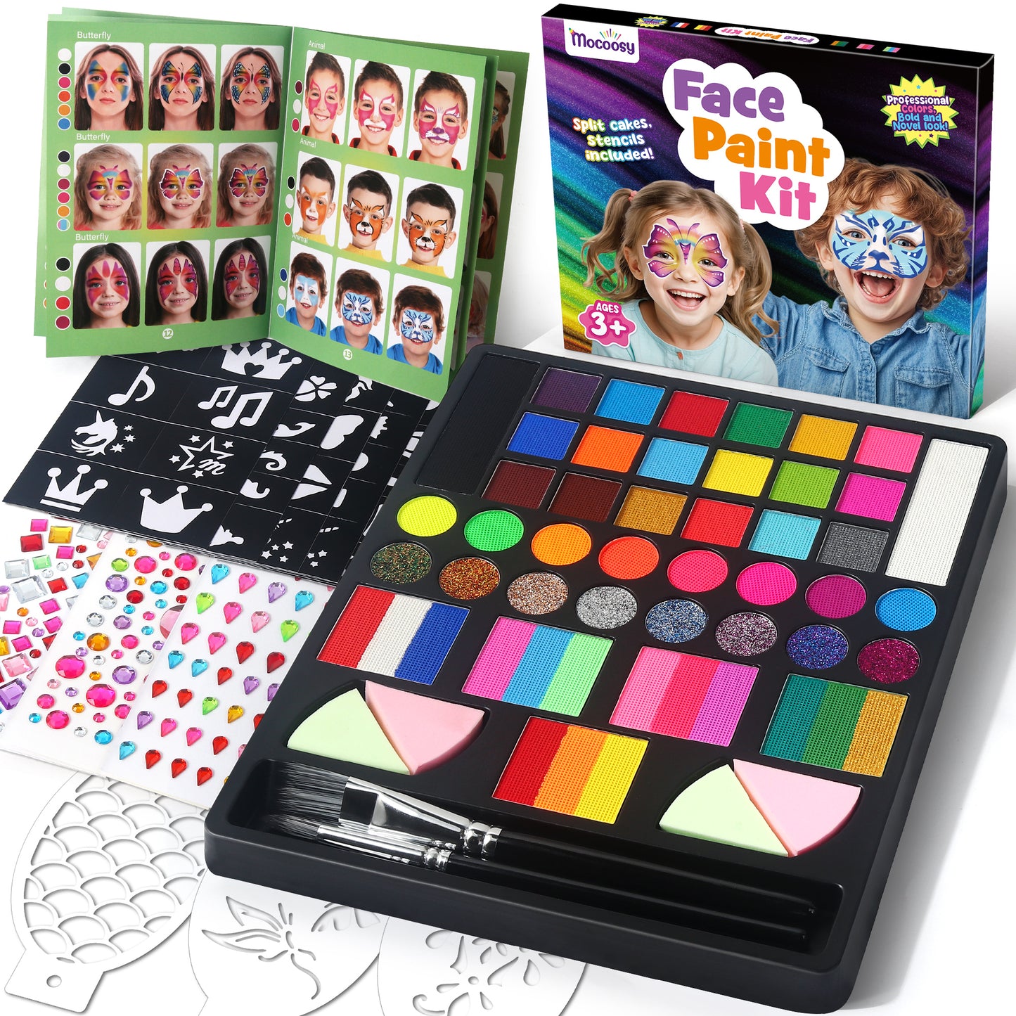 Mocoosy 41 Color Face Painting Kit for Kids, Non-Toxic Water Activated Face Paint Palette With Stencils, Brushes, Gems, Professional Body Makeup Kit for Cosplay Parties, Birthdays Carnival Christmas