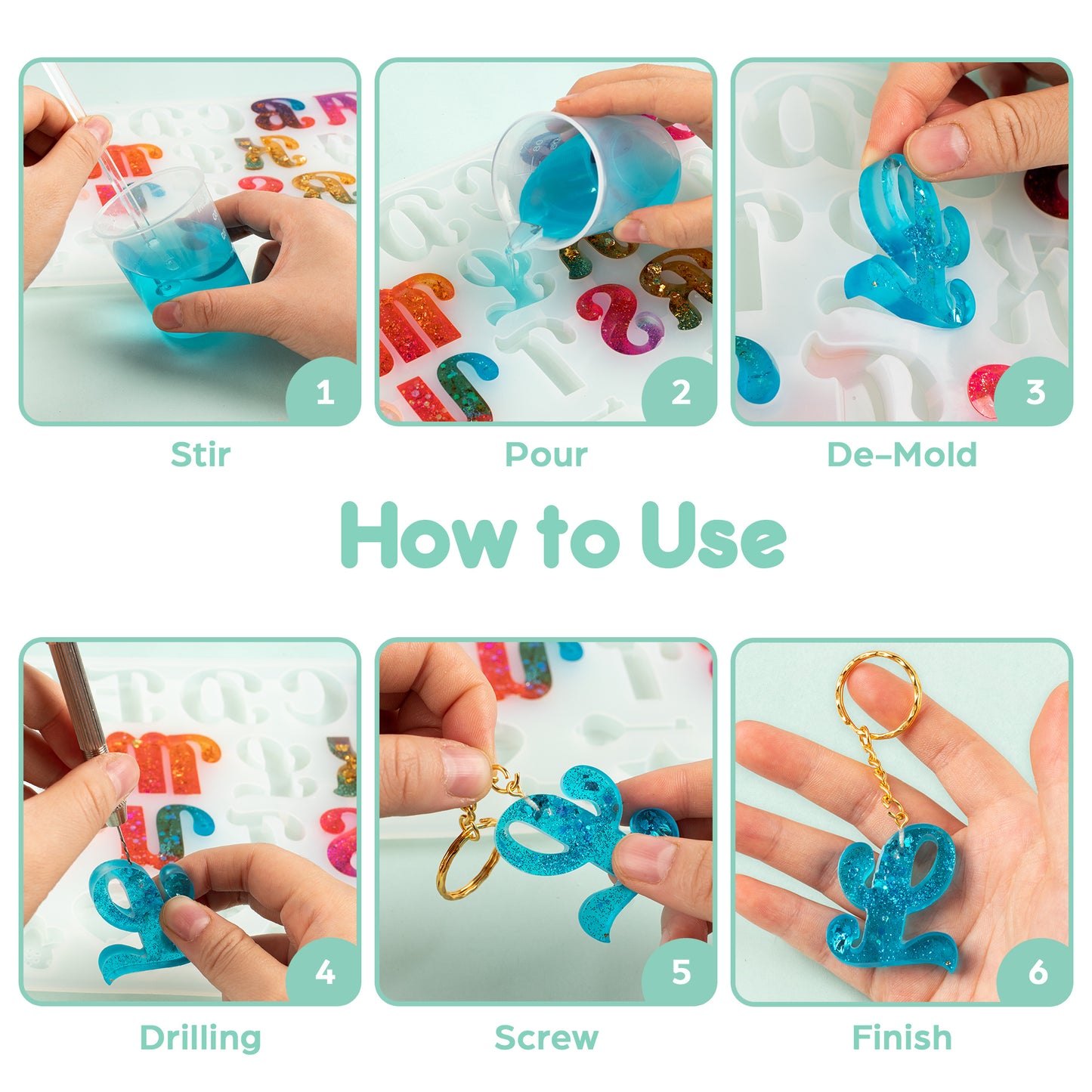 Mocoosy 182Pcs Fancy Alphabet Resin Molds Silicone Kit, Reversed Letter Keychain Epoxy Resin Casting Molds, Resin Key Chain Making Set with 1 Hand Drill 2 Drill Bits 30 Key Rings 100 Screw Pins