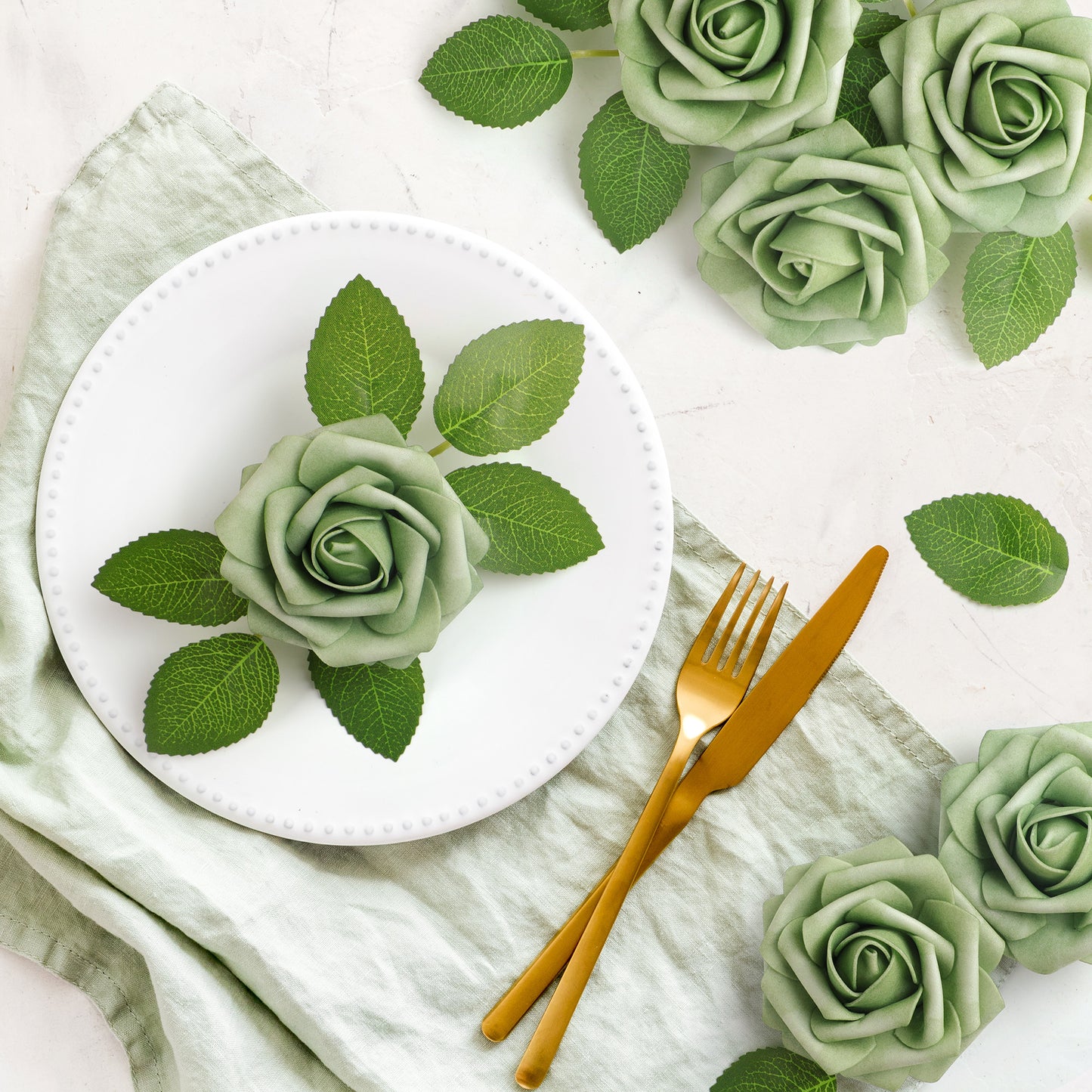 Mocoosy 50Pcs Rose Artificial Flowers, Sage Green Fake Roses for Decorations, Real Touch Foam Roses Bulk with Stems DIY Wedding Bouquets Elf Green Floral Arrangements Bridal Shower Party Home Decor