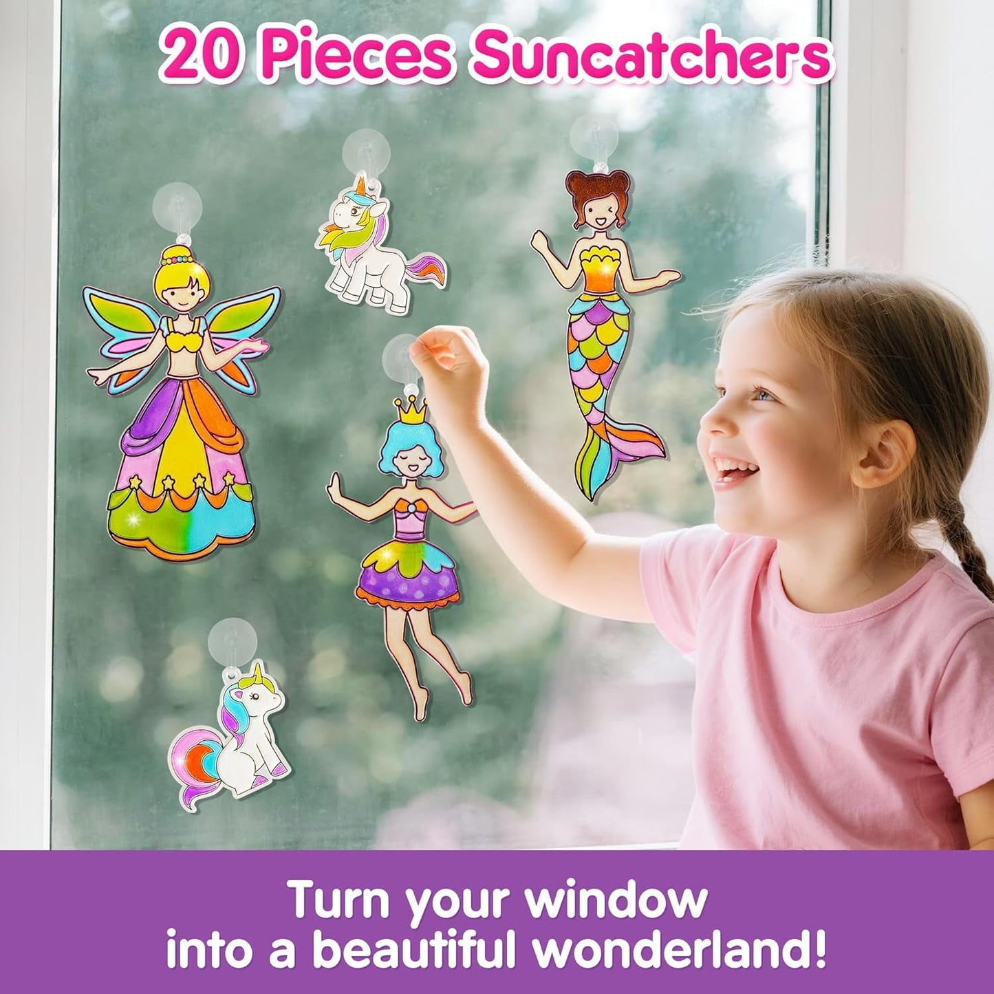 Mocoosy Princess Window Art Kit for Kids, DIY Suncatcher Art and Craft for Kids Ages 4-6-8, Stained Glass Window Art Painting Set for Girls, Unicorn Toys Birthday Gift 5 6 7 8 9 Years Old