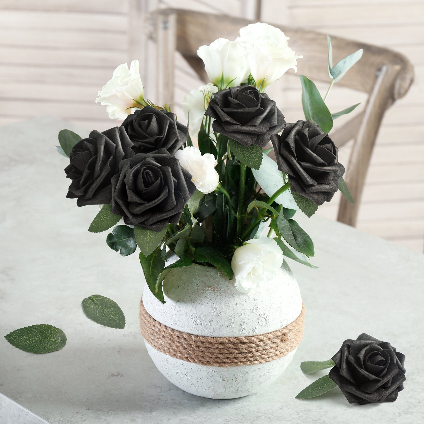 Mocoosy 50Pcs Black Roses Artificial Flowers, Fake Roses for Decorations, Real Touch Foam Rose Bulk with Stem Gothic Wedding Bouquet DIY Floral Arrangements Bridal Shower Valentine's Party Table Decor