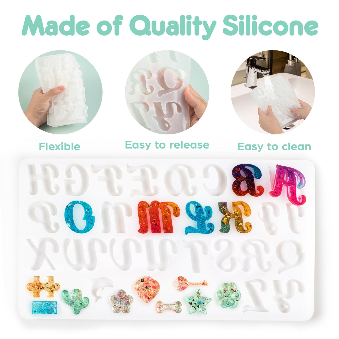 Mocoosy 182Pcs Fancy Alphabet Resin Molds Silicone Kit, Reversed Letter Keychain Epoxy Resin Casting Molds, Resin Key Chain Making Set with 1 Hand Drill 2 Drill Bits 30 Key Rings 100 Screw Pins