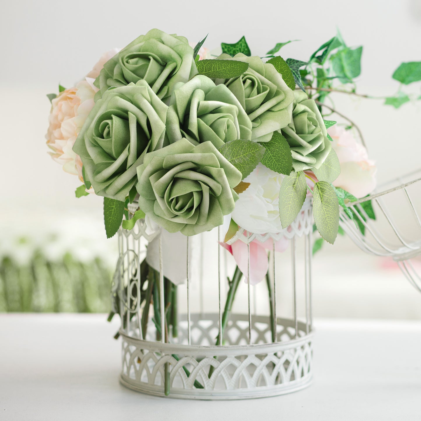 Mocoosy 50Pcs Rose Artificial Flowers, Sage Green Fake Roses for Decorations, Real Touch Foam Roses Bulk with Stems DIY Wedding Bouquets Elf Green Floral Arrangements Bridal Shower Party Home Decor