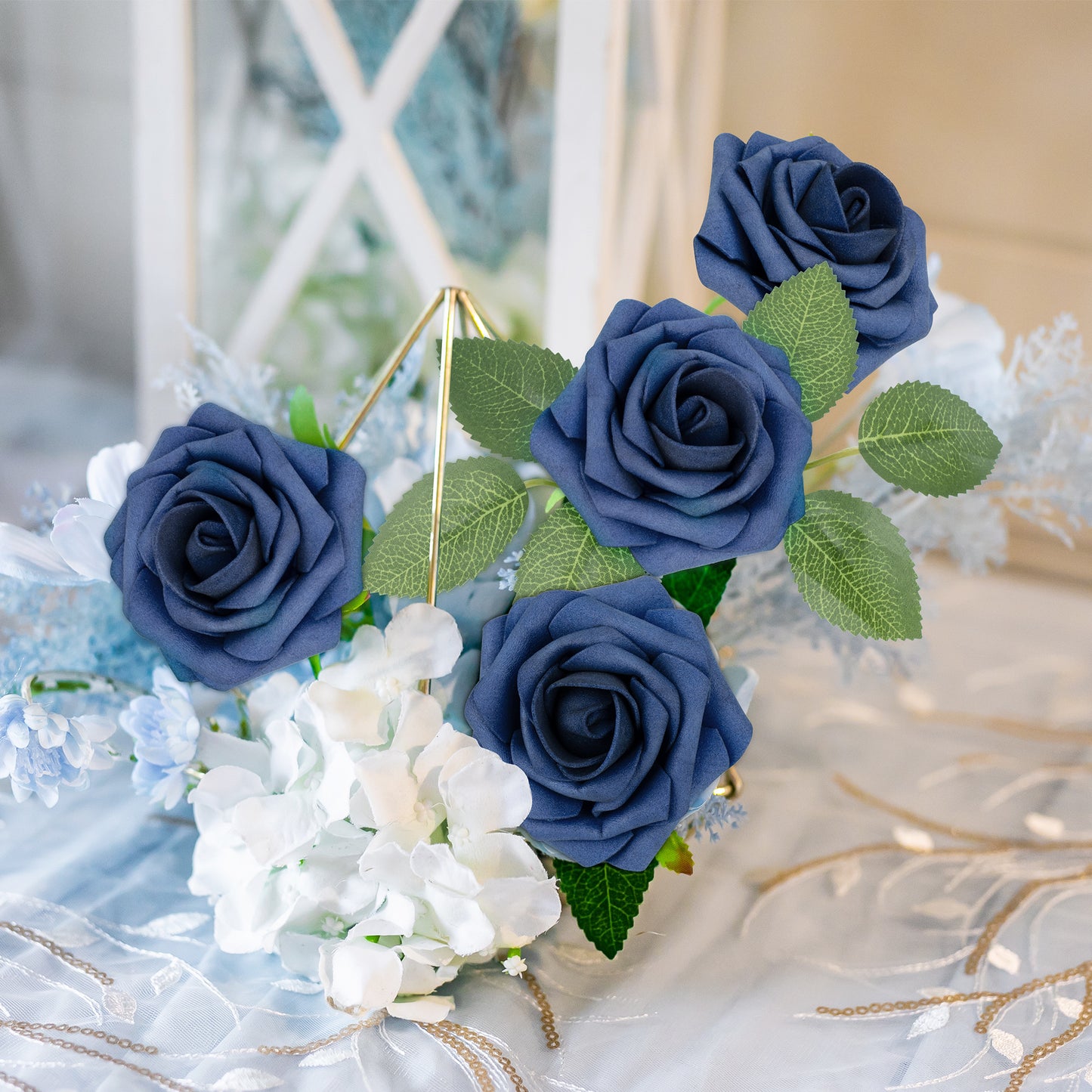 Mocoosy 50Pcs Roses Artificial Flowers, Navy Blue Fake Roses for Decorations, Real Touch Foam Rose Bulk with Stems DIY Wedding Bouquets Bridal Shower Centerpieces Floral Arrangements Party Home Decor