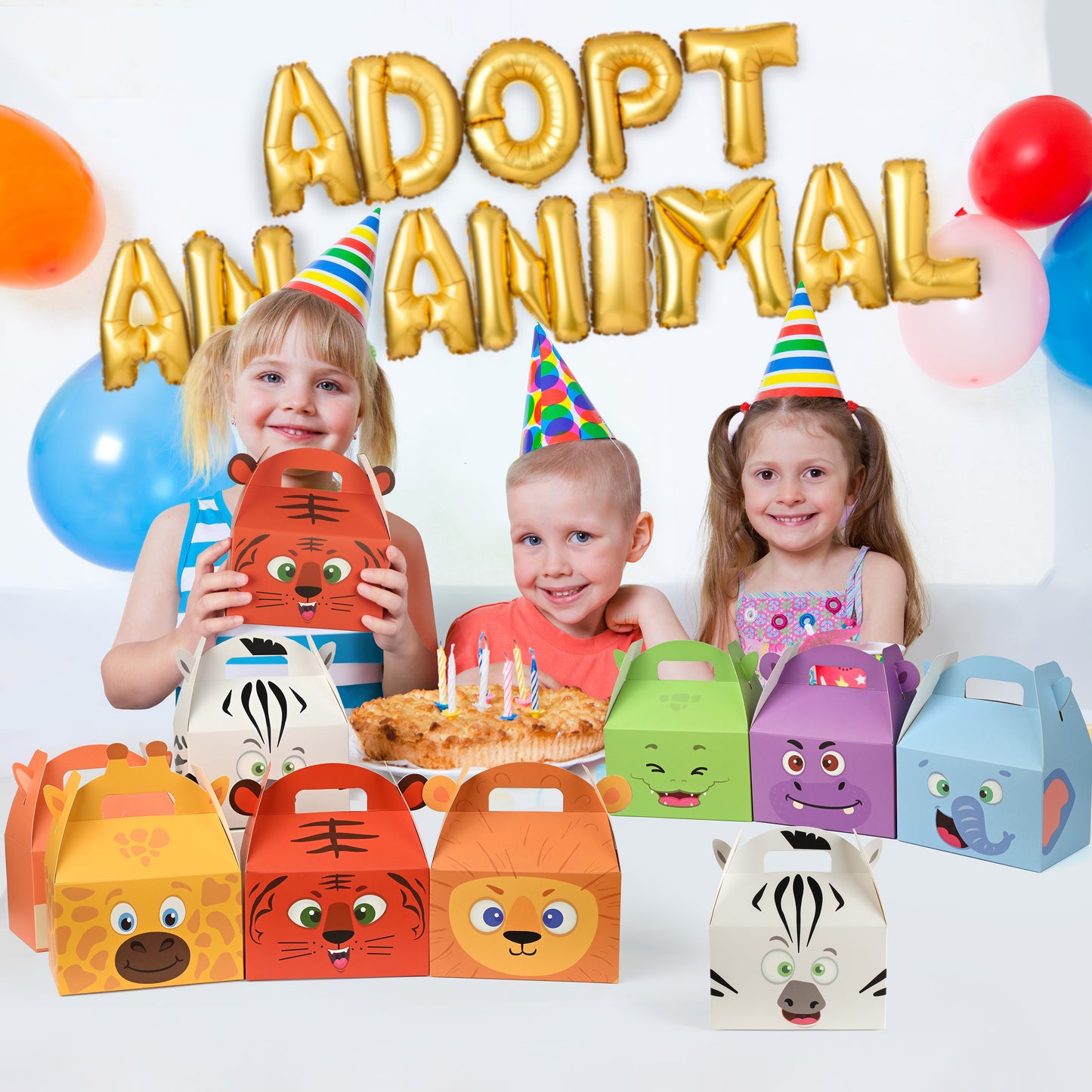 Mocoosy 24PCS Animal Party Favor Treat Boxes, Thickened Cardboard Gift Boxes Candy Snack Goodie Bags for Kids Birthday, Recycled Paper Gable Box with Handles for Jungle Safari Zoo Theme Party Supplies