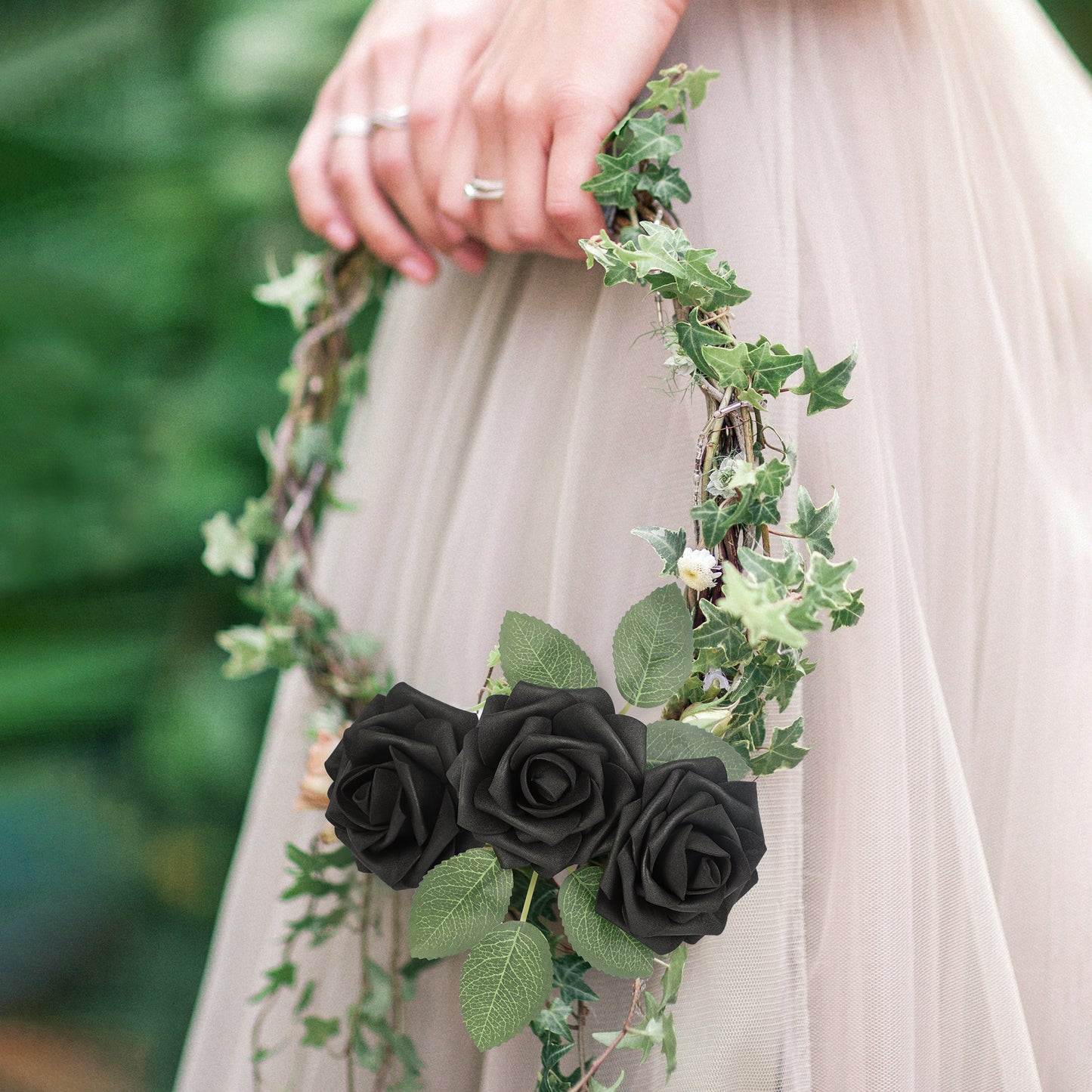 Mocoosy 50Pcs Black Roses Artificial Flowers, Fake Roses for Decorations, Real Touch Foam Rose Bulk with Stem Gothic Wedding Bouquet DIY Floral Arrangements Bridal Shower Valentine's Party Table Decor