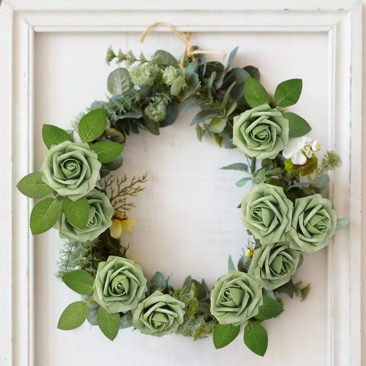 Mocoosy 50Pcs Rose Artificial Flowers, Sage Green Fake Roses for Decorations, Real Touch Foam Roses Bulk with Stems DIY Wedding Bouquets Elf Green Floral Arrangements Bridal Shower Party Home Decor