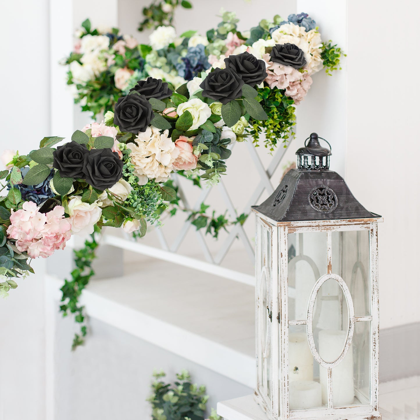 Mocoosy 50Pcs Black Roses Artificial Flowers, Fake Roses for Decorations, Real Touch Foam Rose Bulk with Stem Gothic Wedding Bouquet DIY Floral Arrangements Bridal Shower Valentine's Party Table Decor