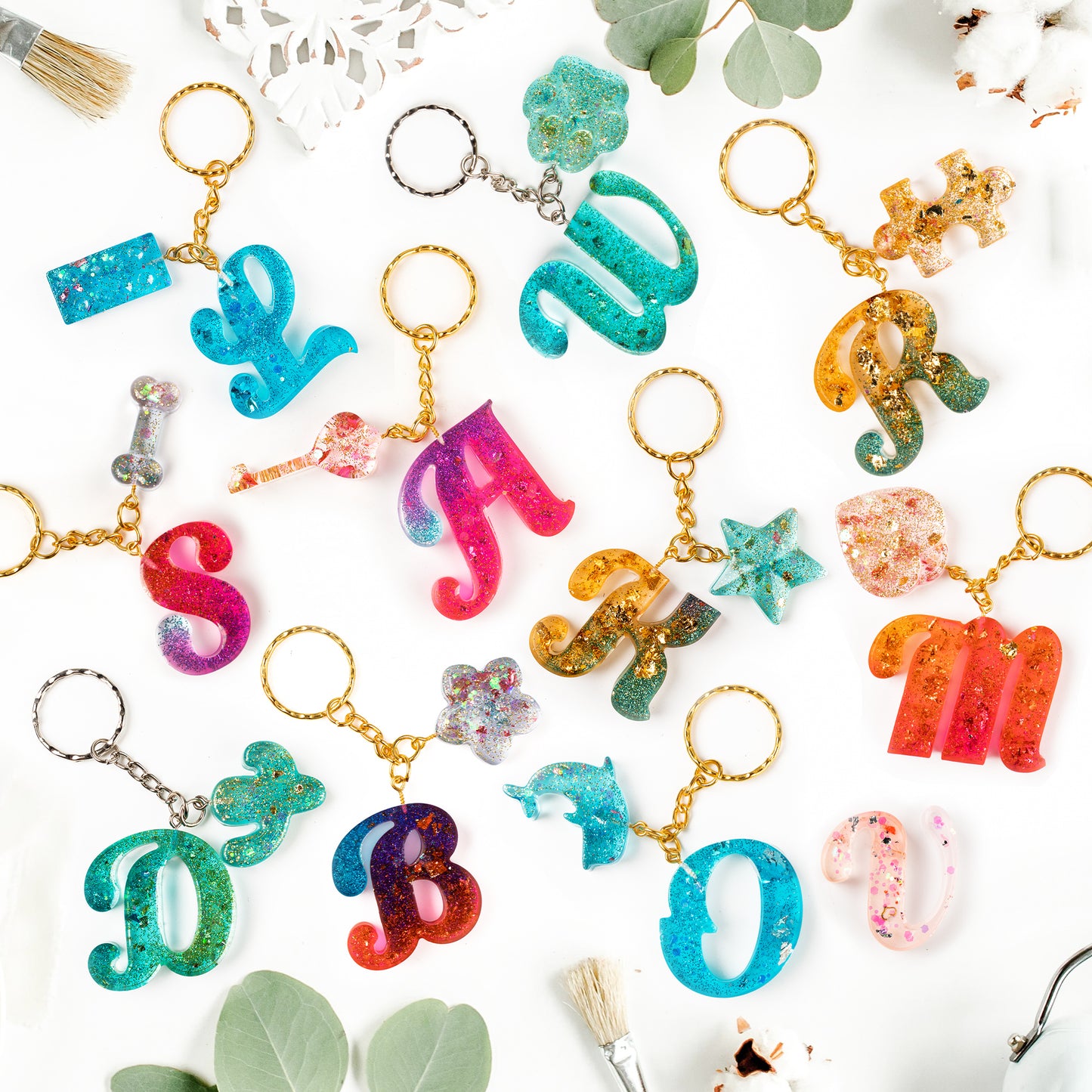 Mocoosy 182Pcs Fancy Alphabet Resin Molds Silicone Kit, Reversed Letter Keychain Epoxy Resin Casting Molds, Resin Key Chain Making Set with 1 Hand Drill 2 Drill Bits 30 Key Rings 100 Screw Pins