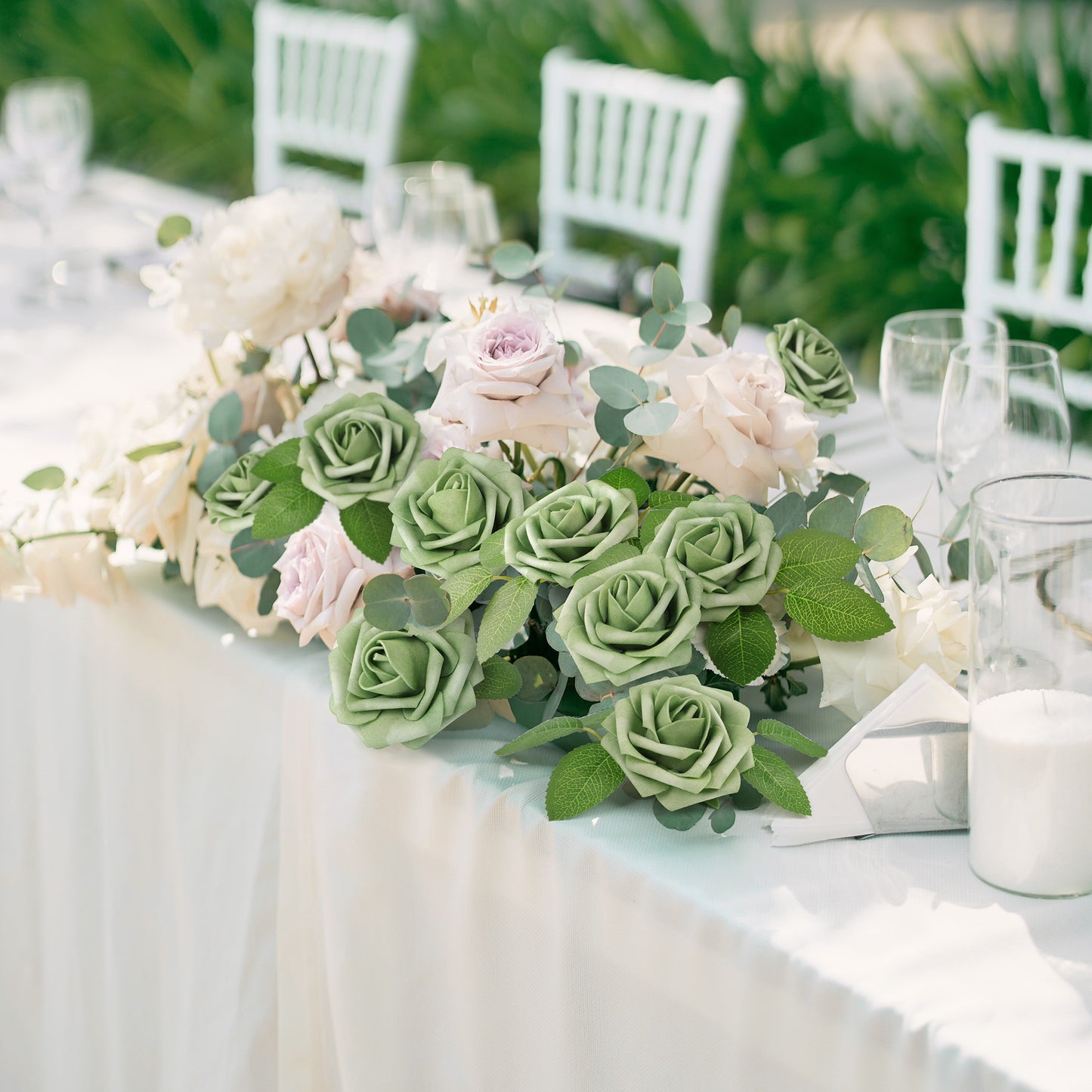 Mocoosy 50Pcs Rose Artificial Flowers, Sage Green Fake Roses for Decorations, Real Touch Foam Roses Bulk with Stems DIY Wedding Bouquets Elf Green Floral Arrangements Bridal Shower Party Home Decor