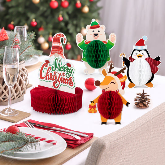 Mocoosy 12 Pack Christmas Party Honeycomb Centerpieces for Table Decorations, Xmas Center Pieces Table Topper with Gnome Santa Snowman Tabletop Centerpieces Decor Holidays Winter Office Party Supplies