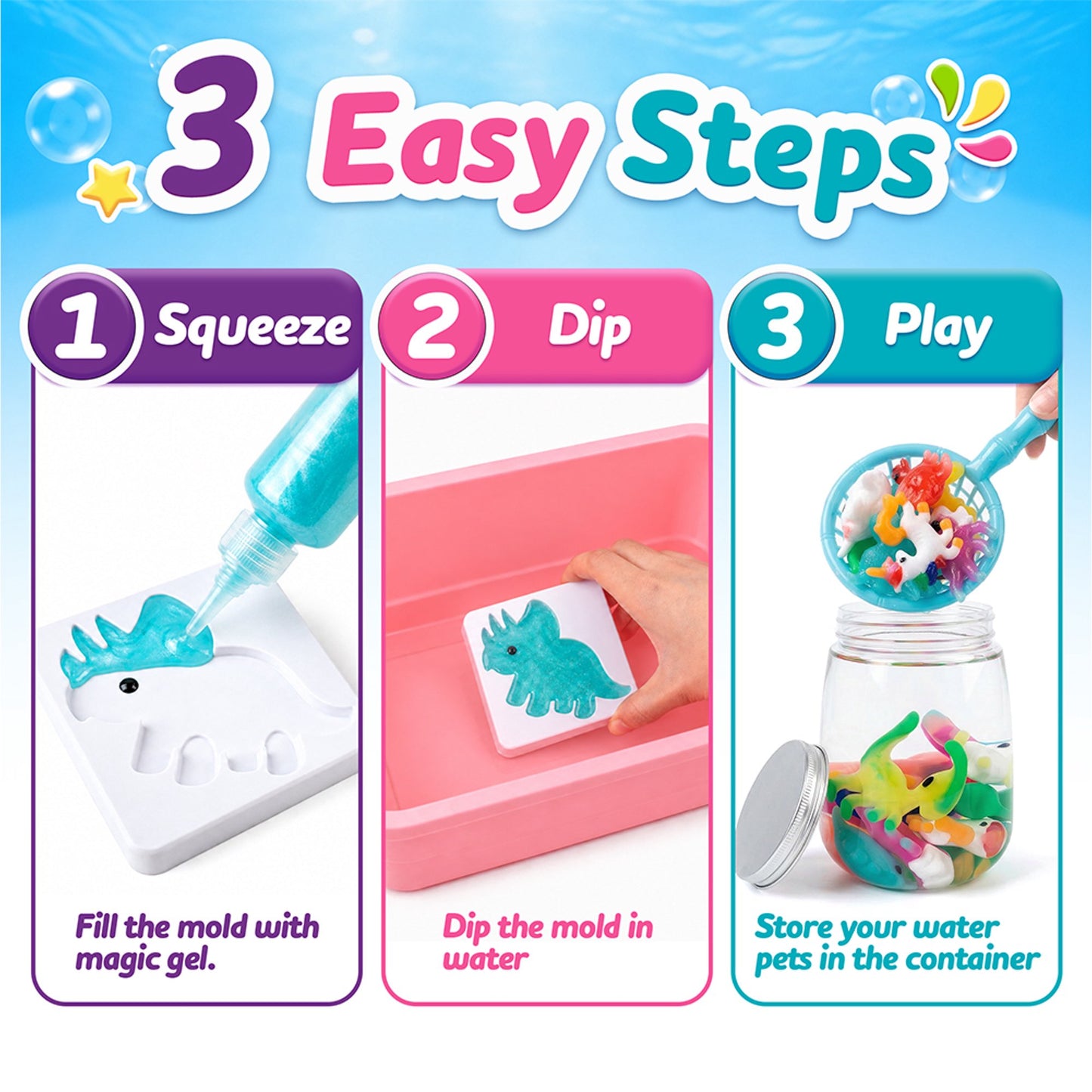 Mocoosy Magic Water Elf Toy Kit for Kids, 10pcs Aqua Fairy Water Gel Kit with 10 Color Aqua Gel & 8 Squishy Maker Molds, Create Water Pets & Squishy Toys, DIY Crafts STEM Gift for Boys Girl