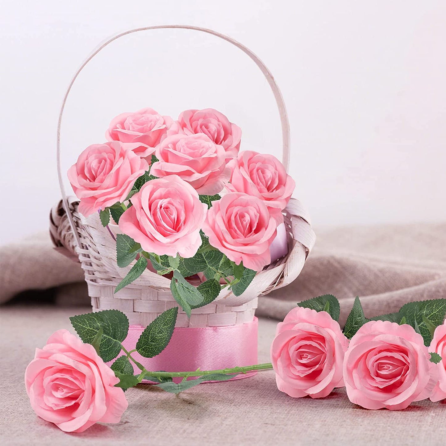 Mocoosy 12PCS Pink Roses Artificial Flowers for Decoration, Pink Fake Silk Roses Single Stem Flowers Artificial Bouquet for Wedding Birthday Party Arrangment Centerpiece Home Table Decor