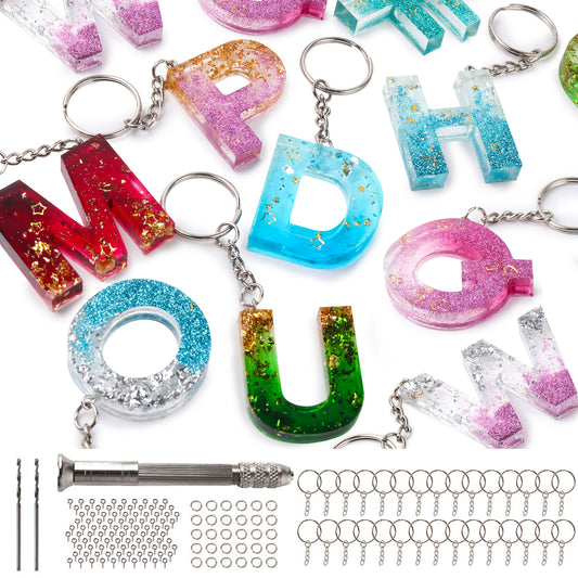 Mocoosy 134Pcs Alphabet Keychain Resin Molds Kit, Reversed Letter Number Silicone Mold Epoxy Resin Casting Molds Key Chain Making Set with 1 Hand Drill 2 Drill Bits 30 Key Rings 100 Screw Pin