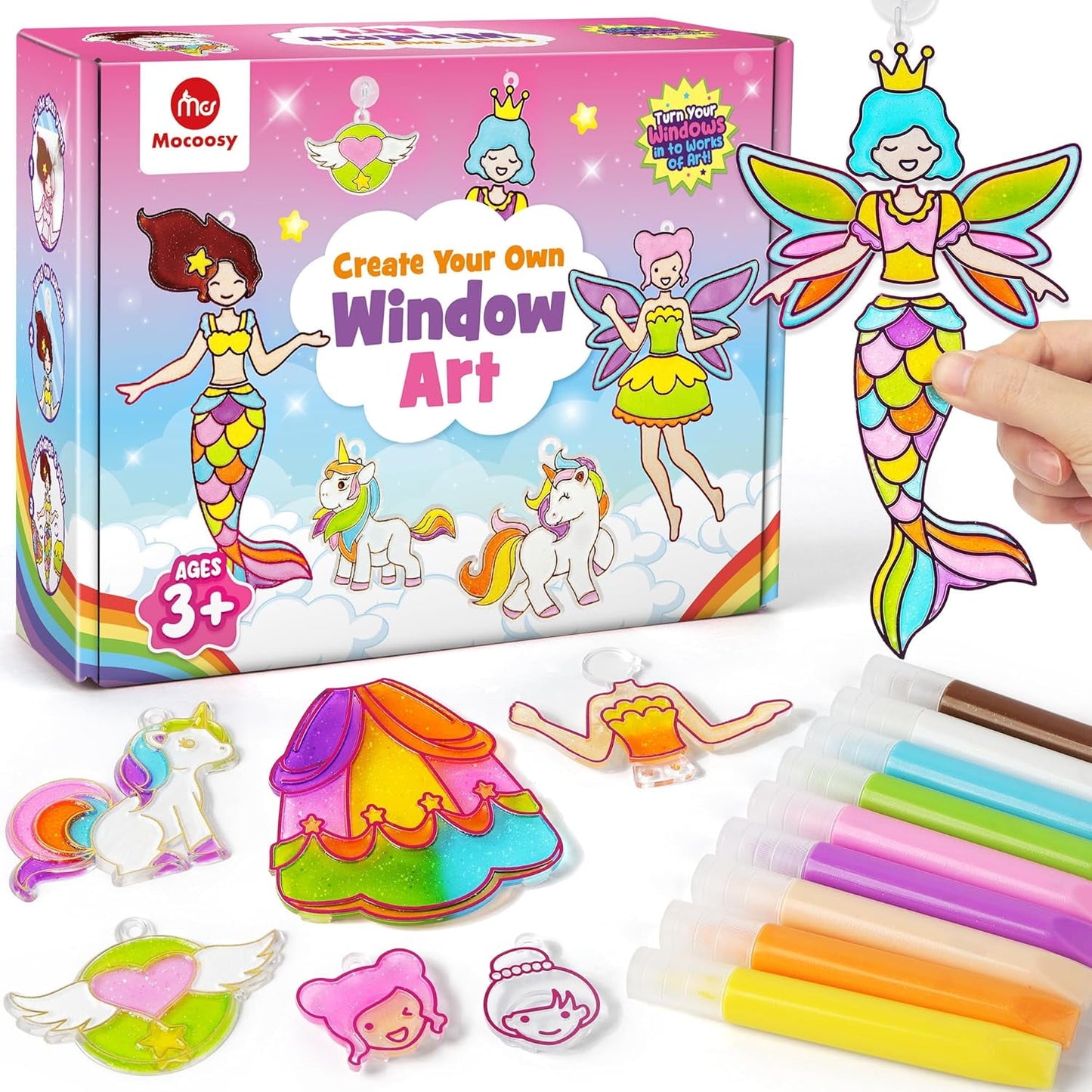 Mocoosy Princess Window Art Kit for Kids, DIY Suncatcher Art and Craft for Kids Ages 4-6-8, Stained Glass Window Art Painting Set for Girls, Unicorn Toys Birthday Gift 5 6 7 8 9 Years Old