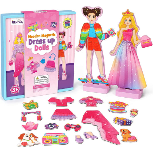 Mocoosy Wooden Magnetic Dress Up Dolls for Girls, 2 Magnet Dolls with Wood Case, Travel Game Airplane Car Road Trip Essential Toy On The Go Activity Set Easter Birthday Gift Girls 3 - 8 Year Old
