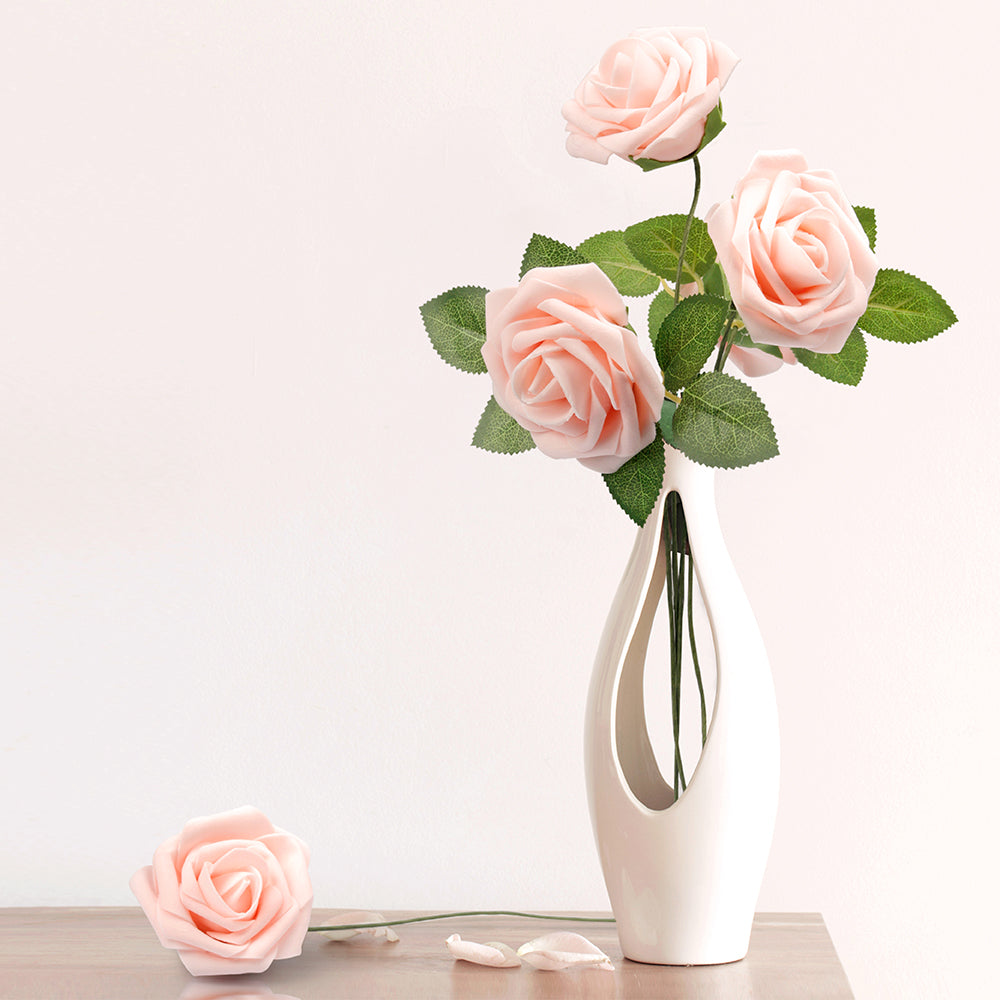 Mocoosy 50Pcs Rose Artificial Flowers, Blush Pink Roses for Decoration, Real Touch Foam Fake Roses Bulk with Stems DIY Wedding Bouquet Centerpiece Floral Arrangement Mothers Day Party Home Table Decor