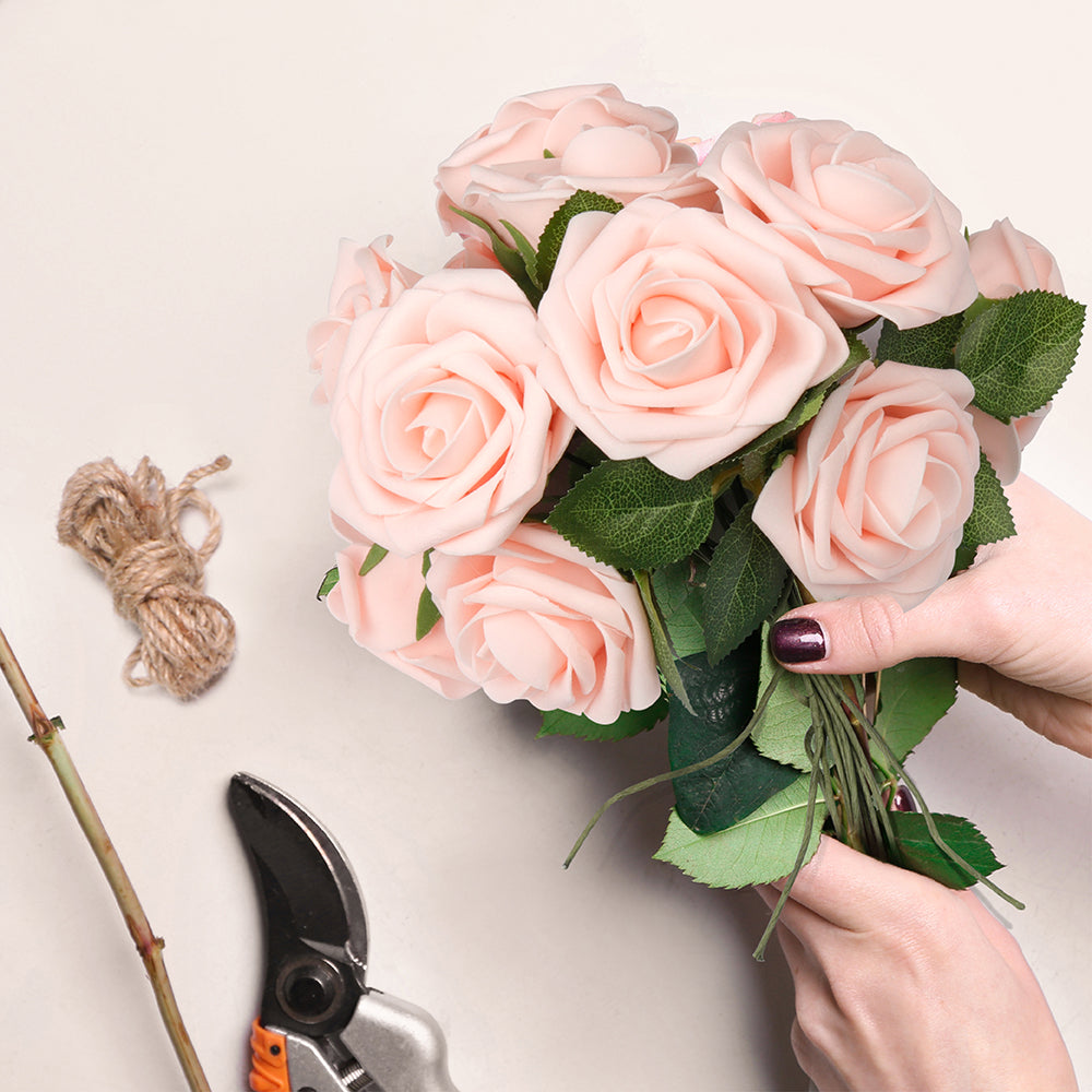 Mocoosy 50Pcs Rose Artificial Flowers, Blush Pink Roses for Decoration, Real Touch Foam Fake Roses Bulk with Stems DIY Wedding Bouquet Centerpiece Floral Arrangement Mothers Day Party Home Table Decor