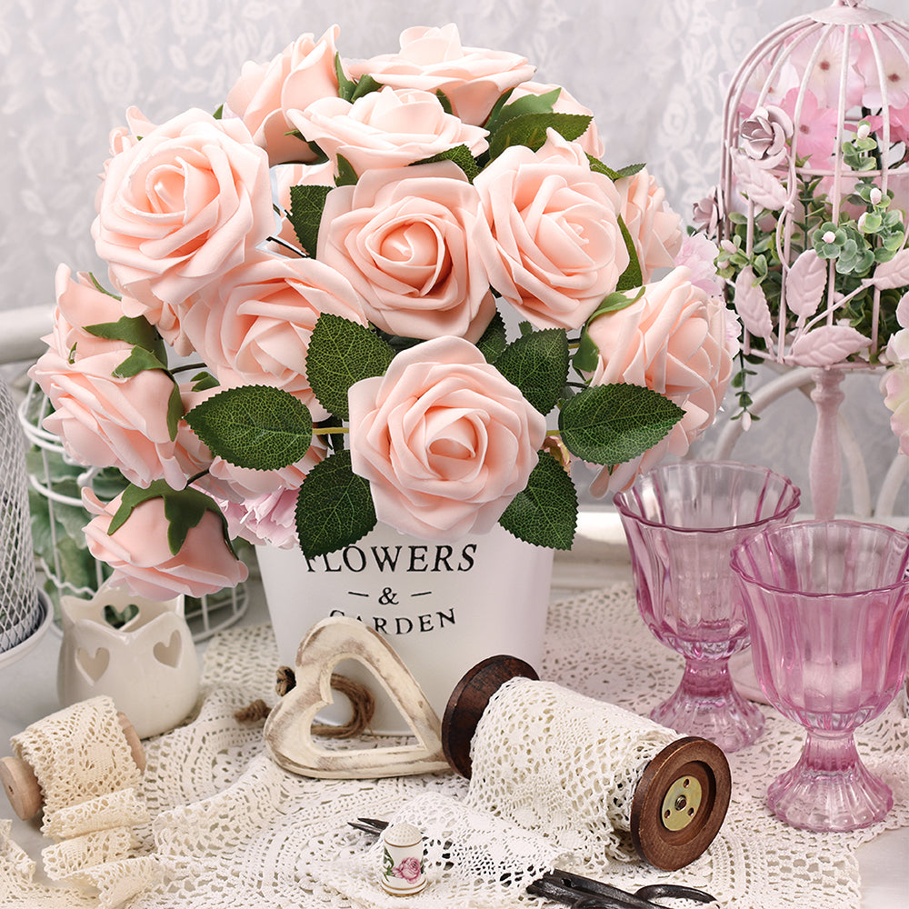 Mocoosy 50Pcs Rose Artificial Flowers, Blush Pink Roses for Decoration, Real Touch Foam Fake Roses Bulk with Stems DIY Wedding Bouquet Centerpiece Floral Arrangement Mothers Day Party Home Table Decor