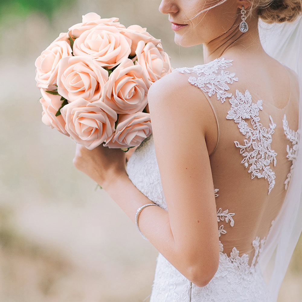 Mocoosy 50Pcs Rose Artificial Flowers, Blush Pink Roses for Decoration, Real Touch Foam Fake Roses Bulk with Stems DIY Wedding Bouquet Centerpiece Floral Arrangement Mothers Day Party Home Table Decor