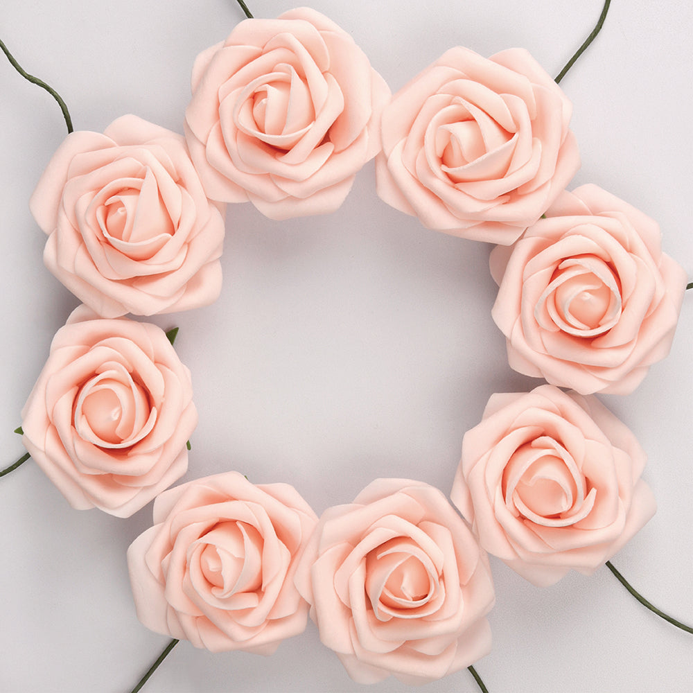 Mocoosy 50Pcs Rose Artificial Flowers, Blush Pink Roses for Decoration, Real Touch Foam Fake Roses Bulk with Stems DIY Wedding Bouquet Centerpiece Floral Arrangement Mothers Day Party Home Table Decor