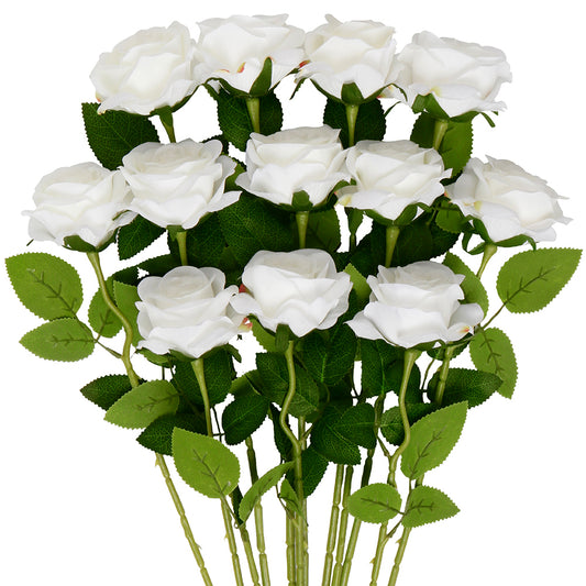 Mocoosy 12 PCS White Rose Artificial Flowers, Fake Roses with Long Stems Realistic Silk Rose Bouquets for Wedding Decorations Bridal Shower Faux Floral Arrangements Spring Party Home Table Decor