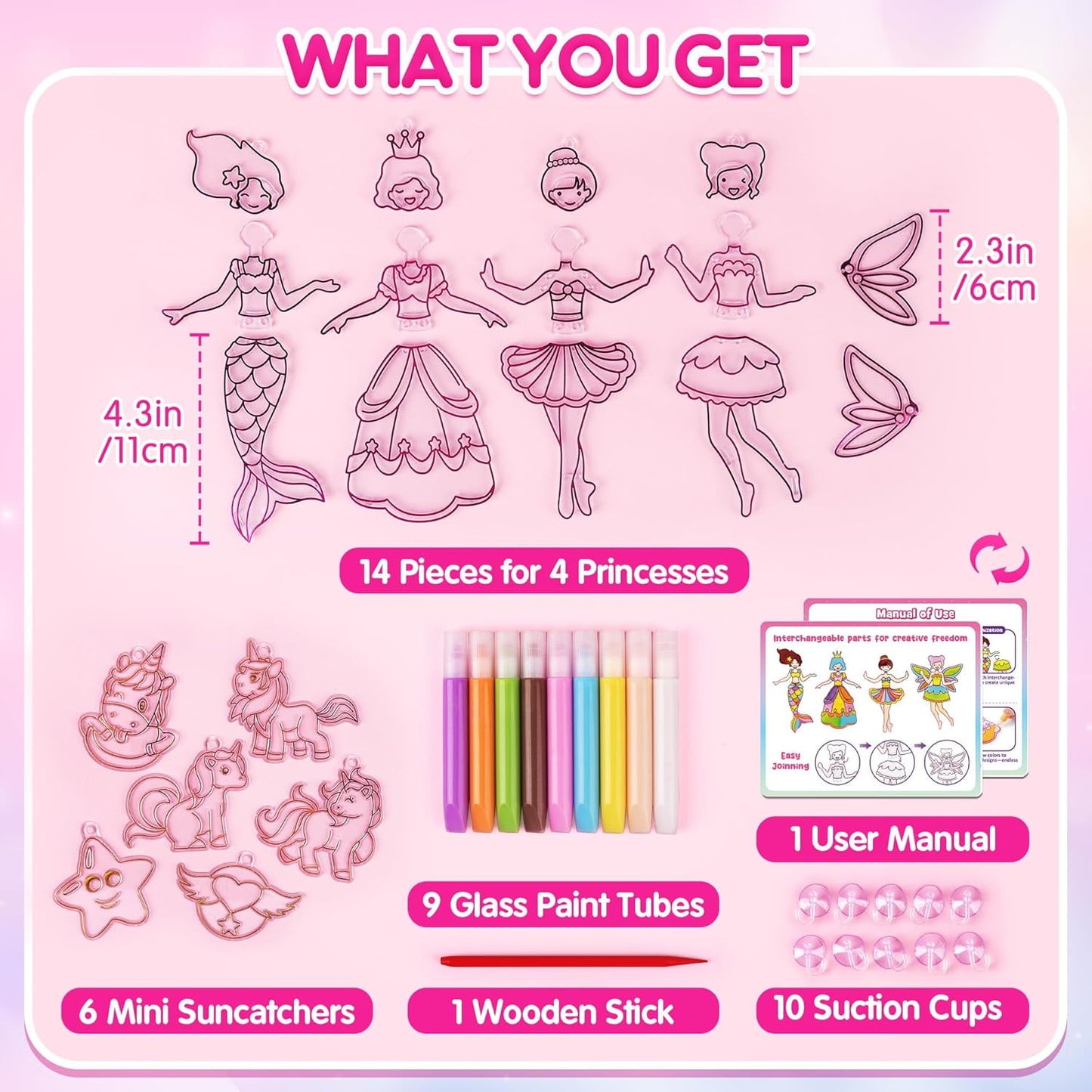 Mocoosy Princess Window Art Kit for Kids, DIY Suncatcher Art and Craft for Kids Ages 4-6-8, Stained Glass Window Art Painting Set for Girls, Unicorn Toys Birthday Gift 5 6 7 8 9 Years Old