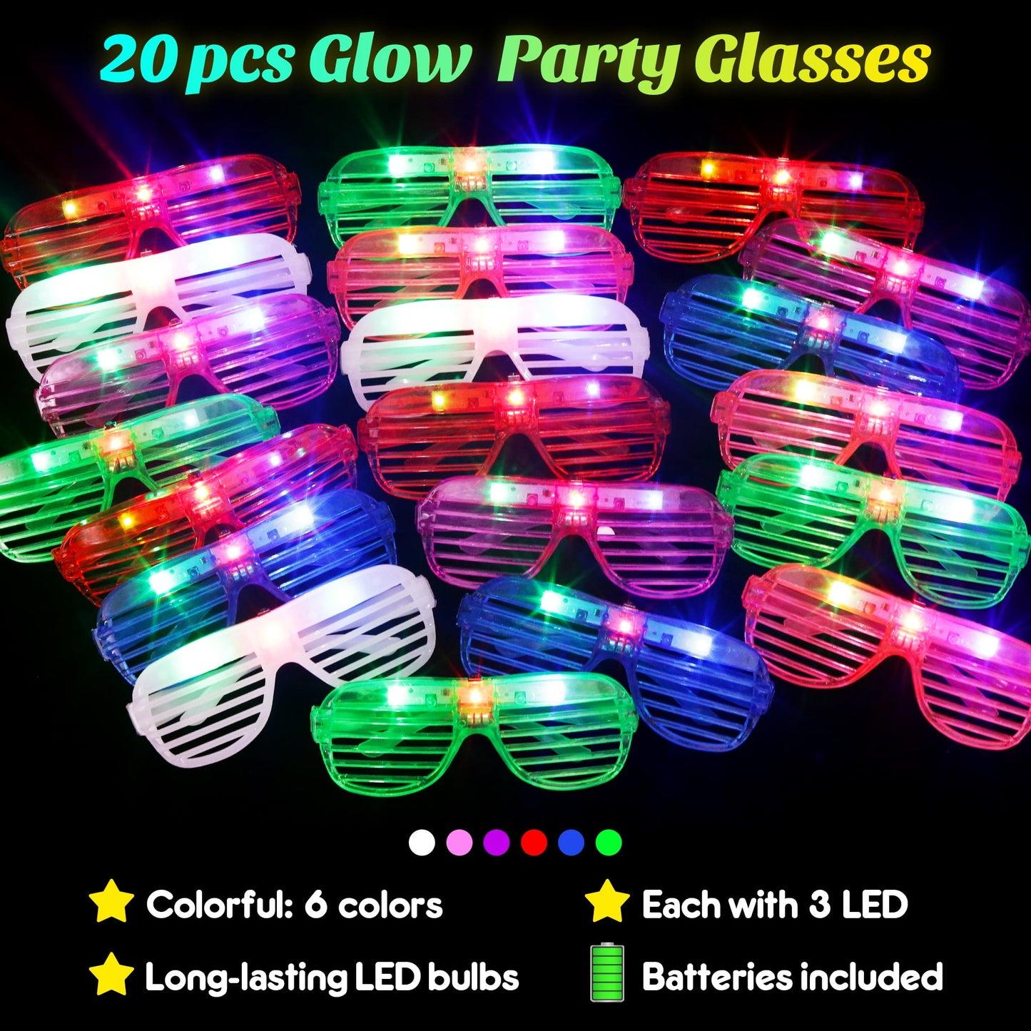 20 Pack LED Glasses Dance Party Favors Light up Glasses, Glow In The Dark Party Supplies Accessories for Kids Adult,New Years Eve Party Supplies 2026 Neon glasses Birthday Party Favors
