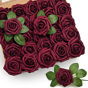 Mocoosy 50Pcs Burgundy Roses Artificial Flowers, Burgundy Fake Roses for Decoration, Real Touch Foam Rose Bulk with Stem DIY Wedding Bouquet Centerpiece Floral Arrangement Mothers Day Party Home Decor