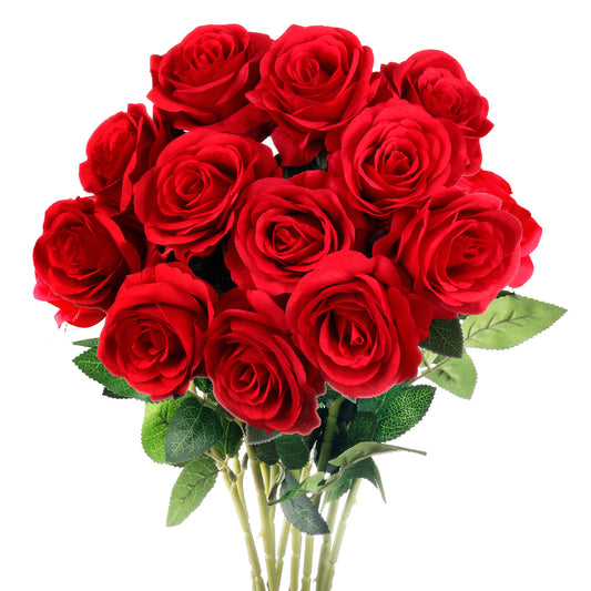 Mocoosy 12PCS Red Roses Artificial Flowers, Fake Roses with Long Stems Realistic Silk Rose Bouquets for Wedding Decorations Bridal Shower Faux Floral Arrangements Spring Party Home Table Decor